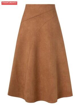 Faux Suede High Waist A-Line Midi Skirt for Fall Winter Work Casual